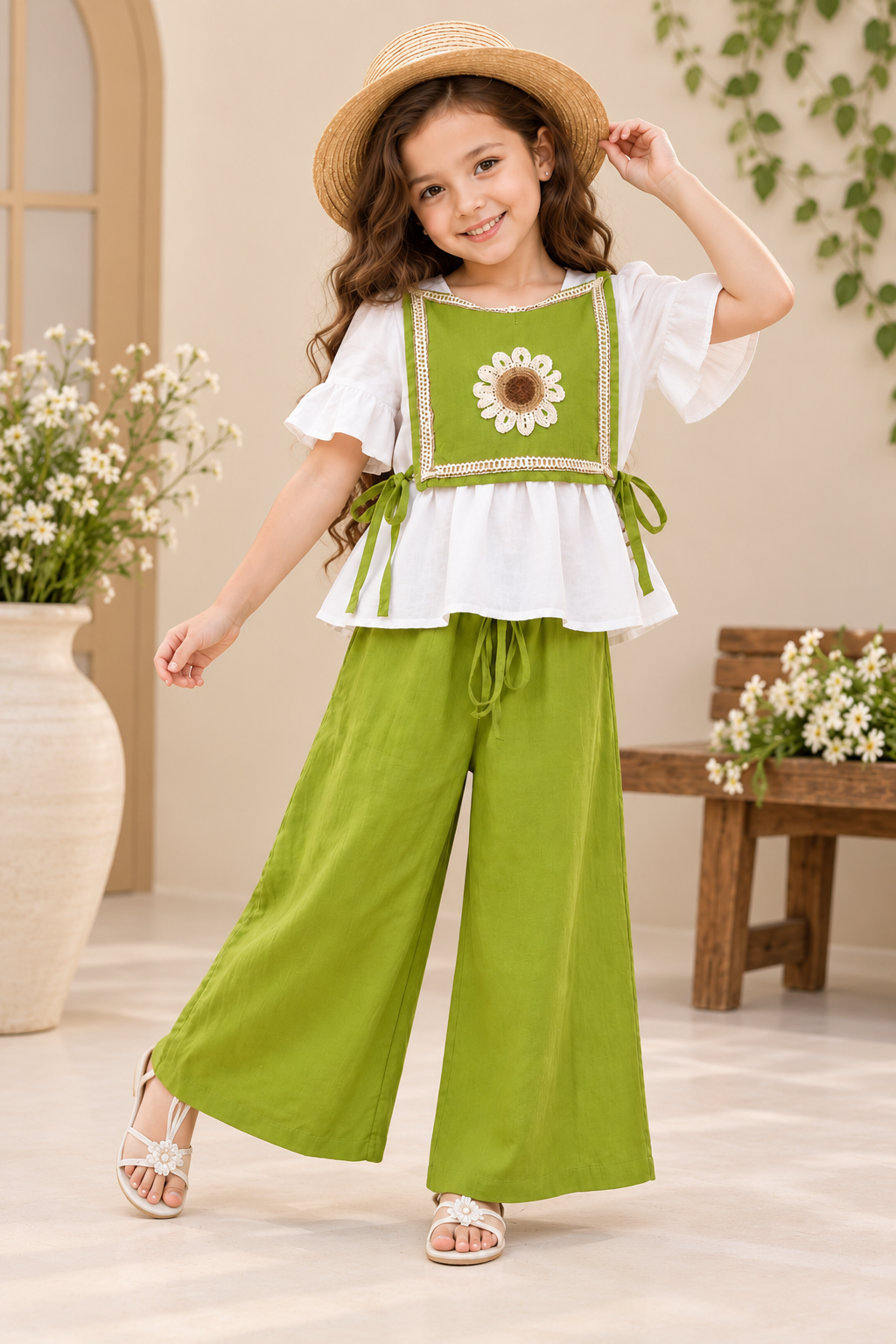 Girls Rust Green Eyelet Peplum Co-Ord Set