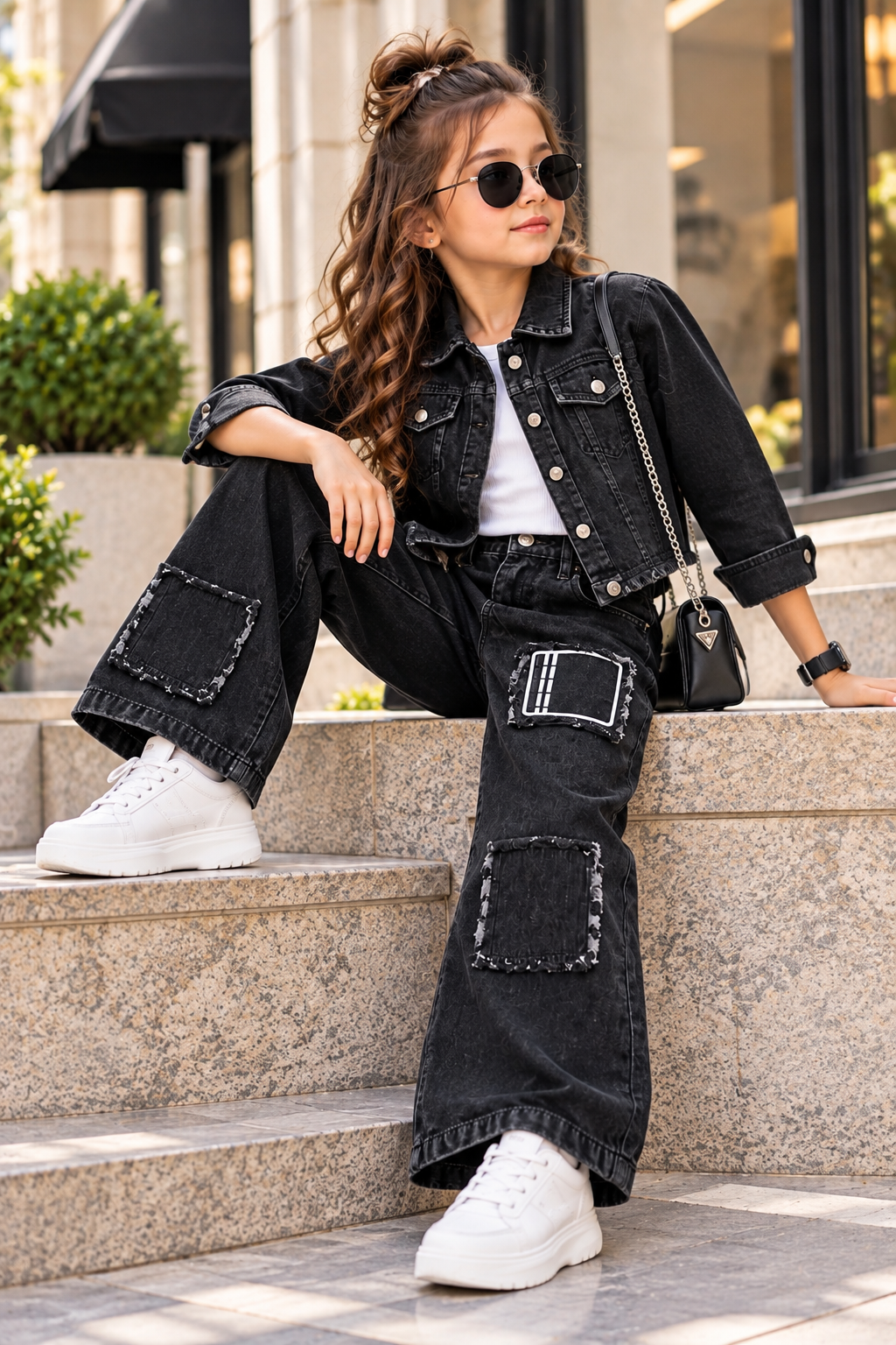 Girls Black Denim Co-Ord Set